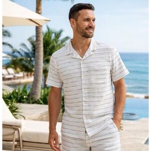 Marine Layer Mens XL Short Sleeve Textured Stripe Camp Shirt Cream Blue Green